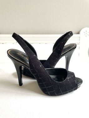 BLACK PATENT LEATHER SLINGBACK SEQUIN DIAMONDS HIGH HEEL SHOE OPEN TOE